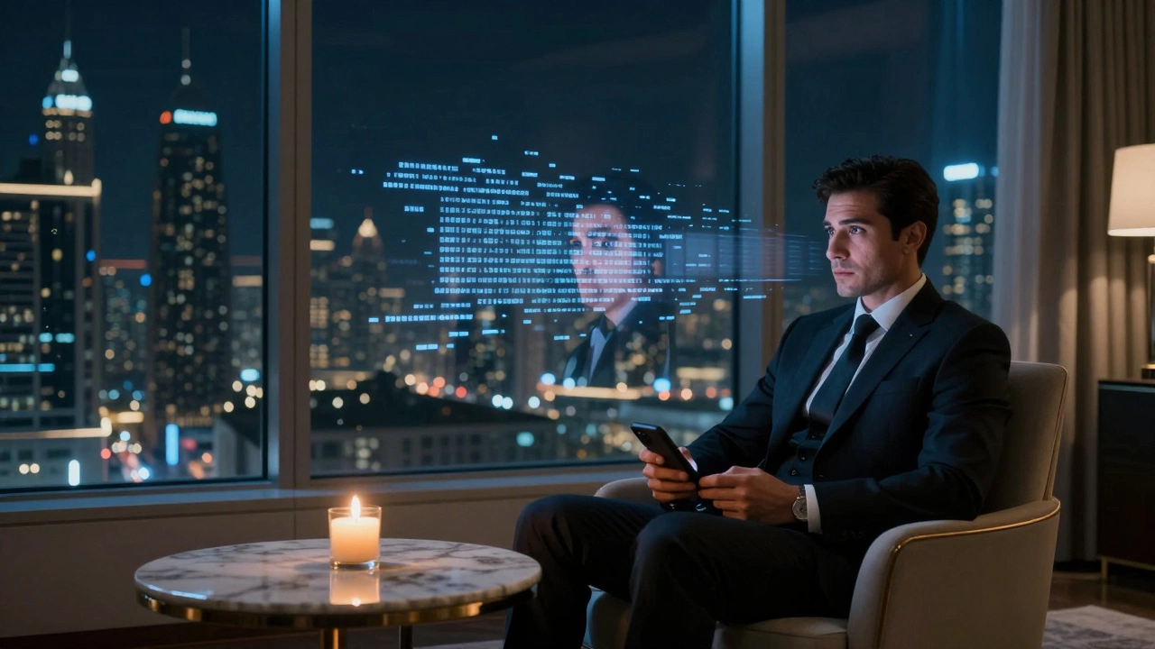 A man in a suit stares at a disappearing encrypted message, Dubai’s skyline glowing behind him in the night.